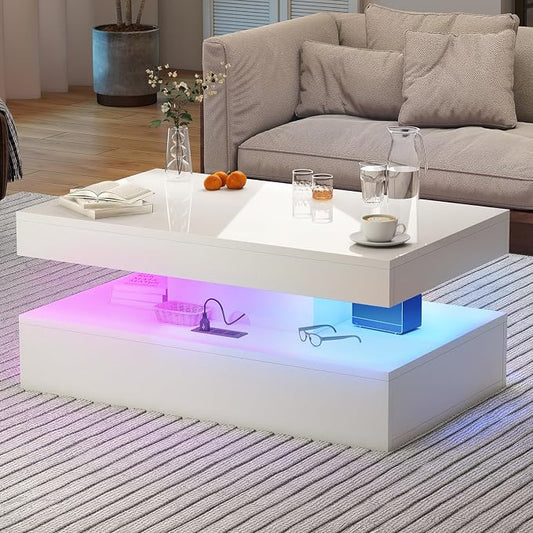 39” High-Glossy LED Coffee Table with 2 Sliding Drawers, Living Room Storage Coffee Tables, Modern Stylish Double-Layer Center Tables with LED Lights, White