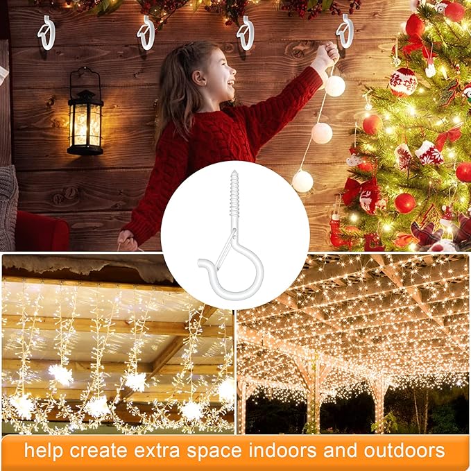 32Pcs Q-Hanger Hooks with Safety Buckle, Windproof Screw Hooks for Hanging Outdoor String Lights, Plants, Christmas Decorations, Includes Wing Nut Driver, White