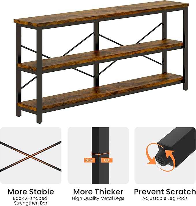 71inch Sofa Tables Extra Long Couch Table, Narrow Long Console, Entryway Table,Sofa Table with 3 Tiers Storage Shelves (Rustic Brown)