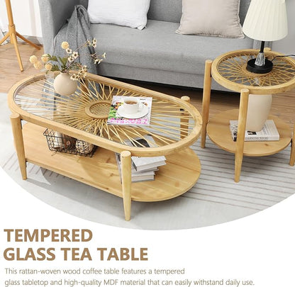 RUSTOWN Rattan Coffee Tables,2-Tier Oval Boho Cocktail Tables, Mid Century Modern Coffee Table with Rattan & Tempered Glass Top and Wood Legs, Sofa Table for Living Room(Natural)