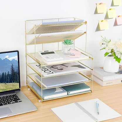 OPNICE Desk Organizer, 6-Tier Letter Tray Paper Organizer, Desktop File Organizer, Office Desk Accessories & Office Decor for Women, Workspace Organizer for Office Supplies(Gold)