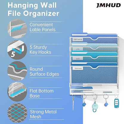 5 Tier Wall File Organizer - Hanging File Organizer with 5 Hooks, Mail Holder Wall Mounted for Papers, Folders, Magazines, Bills, Office&School Organization, White