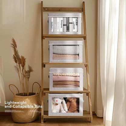 Homsorout Large Storage Baskets Bins with Lids - Stackable Cube Bins for Closet, 3 Pack Windows Organizer Bins, Home Organizers and Storage for Clothes, CD, Towels, Light Grey