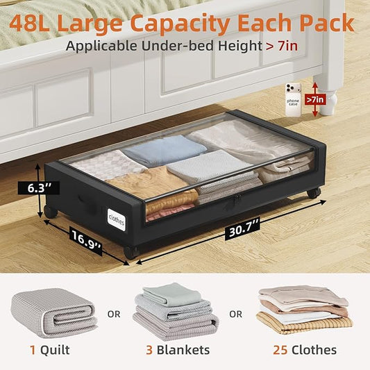 Somdot Under Bed Storage with Wheels, 2 Pack Bed Storage Containers with Dividers & Clear Lids, Easy Pull-out Metal Drawer for Clothes, Shoes,Toys, Blankets (Black)