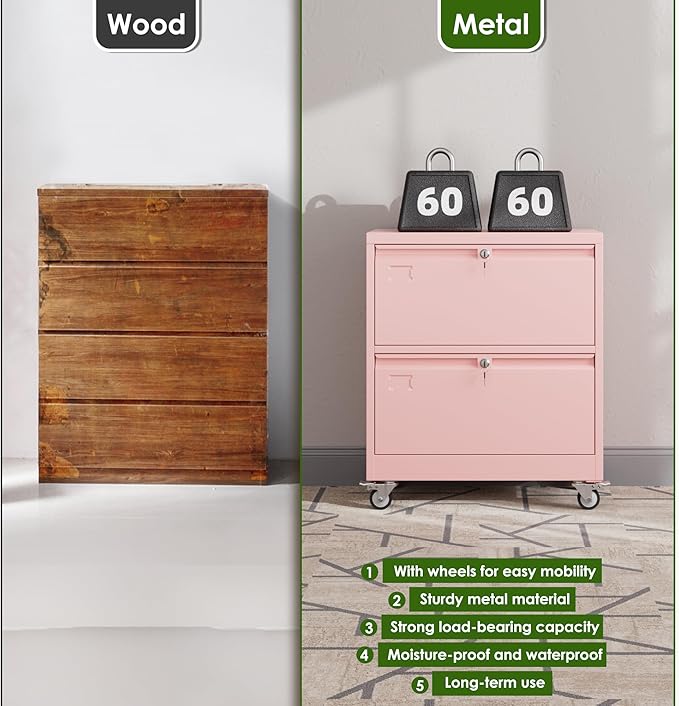 Aobabo 2 Drawer LateralFile Cabinet with Wheels, Lockable Metal Filing Cabinet for Home Office, Legal/Letter Size,Pink,Required Assembled,15.87" D x 28.94" W x 34" H