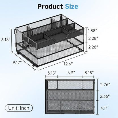 Daltack 3-Tier Desk Organizer with Handle, Mesh Paper Organizer with Pen Holders & Adjustable Compartments & A4/Letter Paper Trays for Home Office Supplies, Black