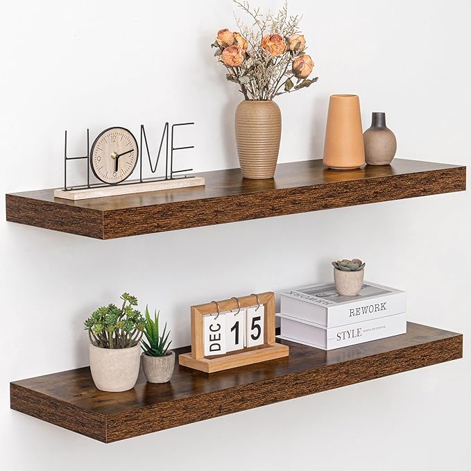 Acovy 36 Inch Floating Shelves, 12" Deep Floating Shelf Wall Mounted, 36" Wall Shelves, Rustic Deep Bookshelf, Extra Deeper & Thicker Display Shelves for Bedroom, Living Room, Brown, Set of 2