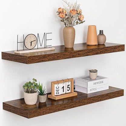 Acovy 36 Inch Floating Shelves, 12" Deep Floating Shelf Wall Mounted, 36" Wall Shelves, Rustic Deep Bookshelf, Extra Deeper & Thicker Display Shelves for Bedroom, Living Room, Brown, Set of 2