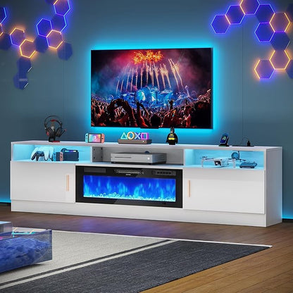 MXV 78" Fireplace TV Stand with Power Outlet for TVs UP to 90", Electric Fireplace Entertainment Center with LED Lights & Storage Cabinets, TV Console for Living Room, Office, White-Black