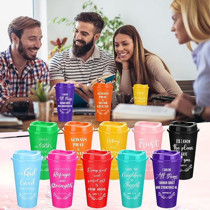 Skylety 20 Pack Christian Gifts for Men Women 16oz Reusable Bible Verse Tumbler Bulk Plastic Coffee Cups with Lids Inspirational Religious Church Gifts for Valentine Easter Birthday (Rainbow Color)