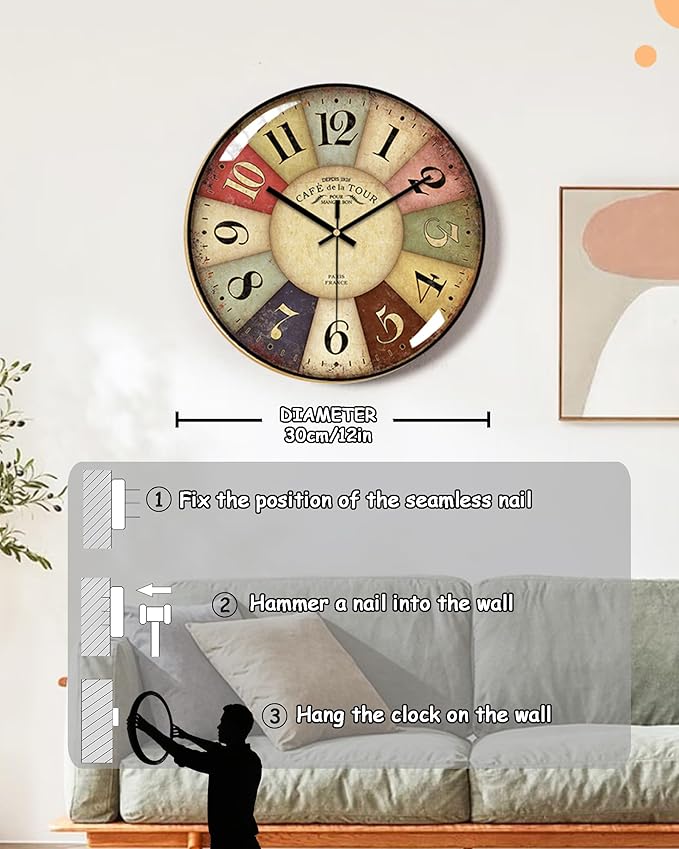 Vintage Wall Clock-12 Retro Rustic Style Quartz Clock,Silent Non-Ticking with Glass Dial,Battery Operated for Living Room, Kitchen, Home, Bathroom, Bedroom