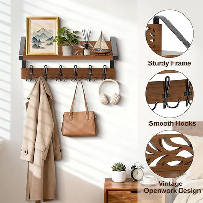 WGFKVAS 2 in 1 Coat Rack Wall Mount with Shelf and 6-Double Hook Wall Hooks with Shelf, Rustic Brown 15" Wood Organizer for Entryway, Living Room, Bedroom, Hallway