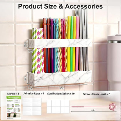 9.5” Large Acrylic Straw Holder for Cabinet Door, Reusable Adjustable Two-Part Straws Organizer with Ultra Sticky Adhesive Strips, 2026 Straw Storage for Kitchen Cupboard (Marble Color)