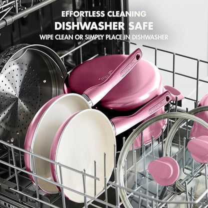 GreenPan Rio Healthy Ceramic Nonstick 8" Frying Pan Skillet and Silicone Spatula Set, Soft Grip Handle, Breaktfast Meal Set, PFAS-Free, Dishwasher Safe, Oven Safe, Pink