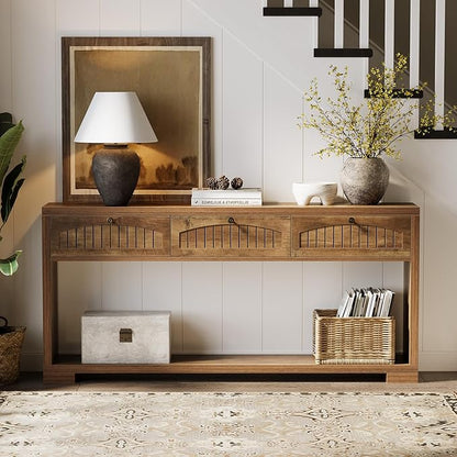 LITTLE TREE 70.8-Inch Long Console Table with 3 Drawers, Narrow Farmhouse Entryway Table for Hallway, Entry, Behind Couch, Living Room, Sofa, Entrance, Foyer with 2-Tier Shelves, Rustic Brown