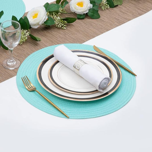 SHACOS Round Placemats Set of 4 Washable 15 inch Round Table Mats Cotton Polyester Woven Braided Place Mats for Dining Table Wedding Party Decor (Aqua, 4)