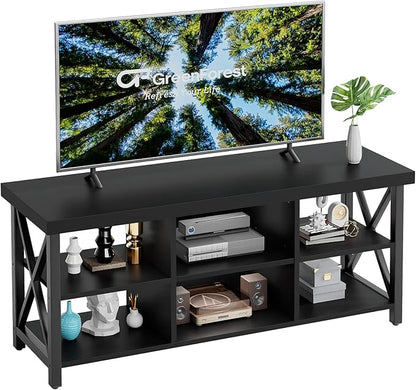 GreenForest TV Stand for TV up to 65 inches, Entertainment Center with 6 Storage Cabinet for Living Room, 55 inch Farmhouse Television Stands Console Table, Industrial TV stands for Living Room, Black