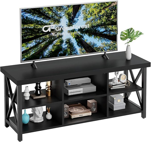 GreenForest TV Stand for TV up to 65 inches, Entertainment Center with 6 Storage Cabinet for Living Room, 55 inch Farmhouse Television Stands Console Table, Industrial TV stands for Living Room, Black
