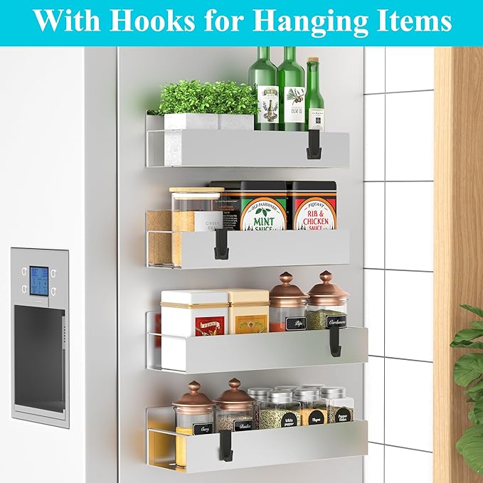HuggieGems 4 Pack Magnetic Spice Storage Rack Organizer for Refrigerator and Oven, Silver Fridge Organizers and Storage