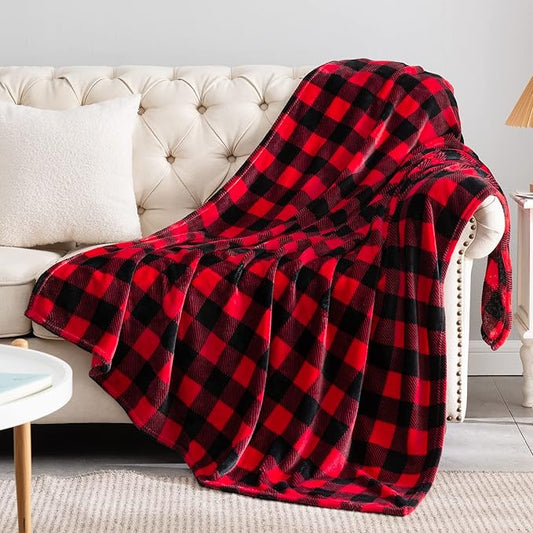 BEDELITE Flannel Blanket for Couch, Red & Black Plaid Fleece Twin Blanket, Soft & Warm Buffalo Plaid Decor Gift Blanket for Women, Men, 60"x80"