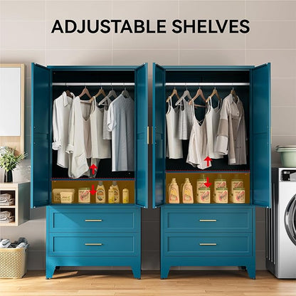 COFaR Armoire Wardrobe Closet with 2 Drawers, 71" Metal Storage Cabinet with Hanging Rod, Freestanding 2-Door Closet with Adjustable Shelf (Peacock Blue)