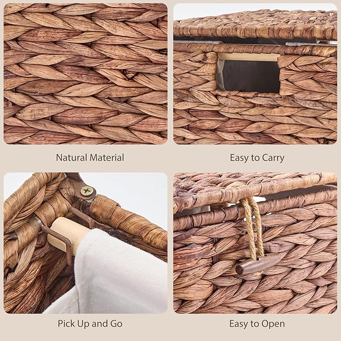 Large Laundry Hamper with Lid, Handwoven Natural Water Hyacinth Heightened Feet Laundry Basket, 2-Sections Wicker Clothes Hamper with Removable Liner Bag (Espresso, 120L)