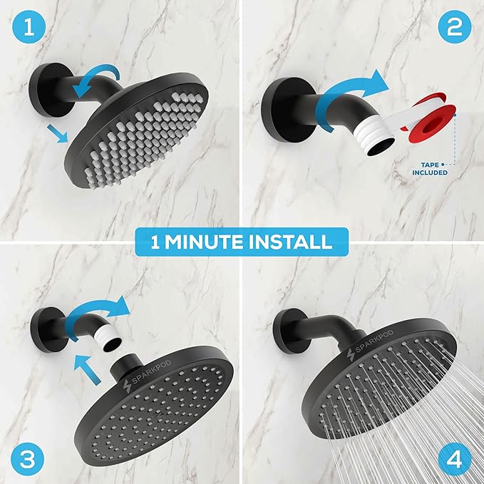 SparkPod Rain Shower Head, 6 Inch Round | High Pressure Shower Heads, 90 Nozzle (Touch-to-Clean), Adjustable Showerhead, No-tool Universal Connection
