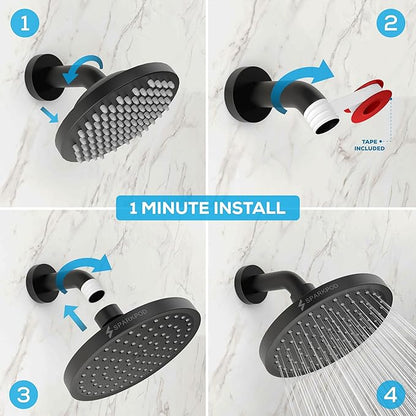 SparkPod Rain Shower Head, 6 Inch Round | High Pressure Shower Heads, 90 Nozzle (Touch-to-Clean), Adjustable Showerhead, No-tool Universal Connection
