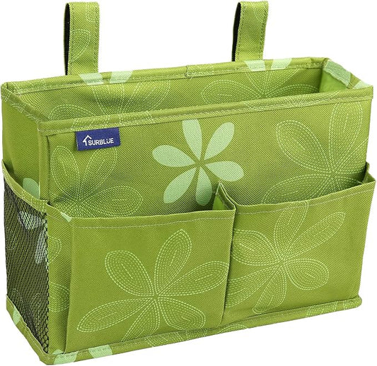 Surblue Bedside Caddy Hanging Bed Organizer Storage Bag Pocket for Bunk and Hospital Beds, College Dorm Rooms Baby Bed Rails,Camp Chiars，Wheelchair Side Bag，4 Pockets and 2 Hooks (Flower)