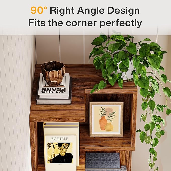 Tribesigns 5-Tier Corner Bookshelf with 2 Drawers, 66.9-Inch Tall Corner Bookcase Shelf, Mid-Century Modern Corner Storage Cabinet Display Rack Shelf for Living Room, Home Office (Rustic Brown)