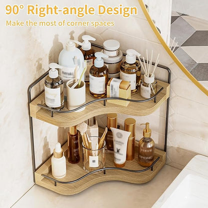 2-Tier Corner Bathroom Counter Organizer with Embedded Screw Holes, Secure & Stable Wood Vanity Shelf for Makeup and Skincare Essentials - Space Saving Bathroom Countertop Storage