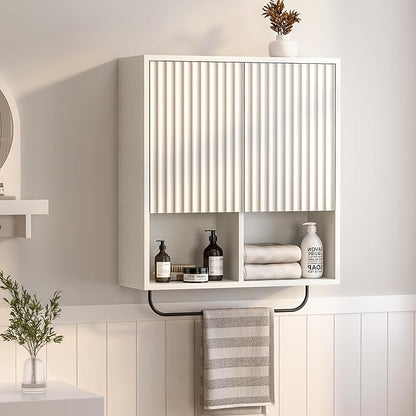 Fluted Wall Cabinet, Modern Medicine Cabinet Bathroom with Doors and Adjustable Shelf Towel Rack Wood Storage Cabinet for Kitchen Dining Room Living Room, White