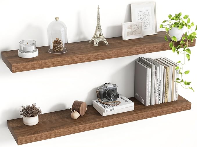 Acovy 36 Inch Floating Shelves, 8 Inch Deep Floating Shelves for Wall, Hanging Shelf with Invisible Brackets, Deep Shelves for Bathroom, Bedroom, Living Room, Walnut, Set of 2