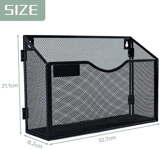 1 Tier Wall Mount File Holder, Black Metal Mesh A4 Document Organizer, Hanging Mail Sorter & Magazine Rack for Office Home School, Durable Space-Saving Filing Storage