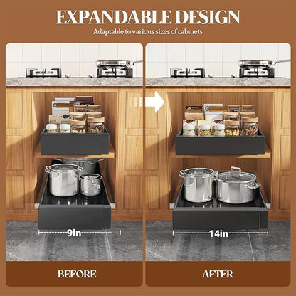 Seinloes 4 Pack Expandable Pull Out Cabinet Organizer 21" Deep With Raising Pad for Framed Cabinets,Upgrade 3 Slide Rails Slide Out Drawers,No Drill Roll Out Shelves,Adjustable Width 9"-14" Black