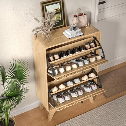 Narrow Shoe Cabinet Storage for Entryway, Modern Cabinet Rack with 2 Flip Drawers, Slim Wood Fluted Entry Way Shoe Organizer, Wooden, Small, Farmhouse, Freestanding, Natural Oak (39.4 Inch)