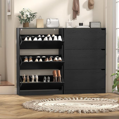 Shoe Cabinet with 3 Flip Drawers, 47" Slim Hidden Wood Shoe Storage Cabinet with Adjustable Shelf, Freestanding Narrow Shoe Rack Organizer for Entryway, Hallway, Black