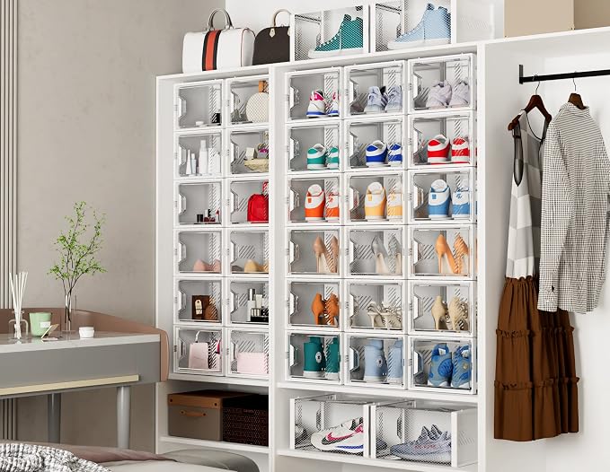 Shoe Storage, 12 Pack X-Large Shoe Organizer for Closet, Shoe Boxes Clear Plastic Stackable Shoe Storage Boxes for Size 13