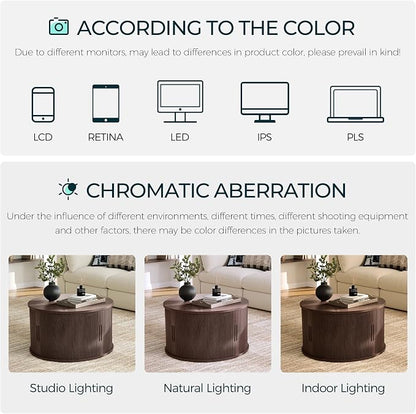 LINSY HOME Round Coffee Table, 31.5" Drum Coffee Table with Sliding Tambour Door, Fluted Accent Center Table with Storage, Mid Century Modern Coffee Table for Living Room, Walnut