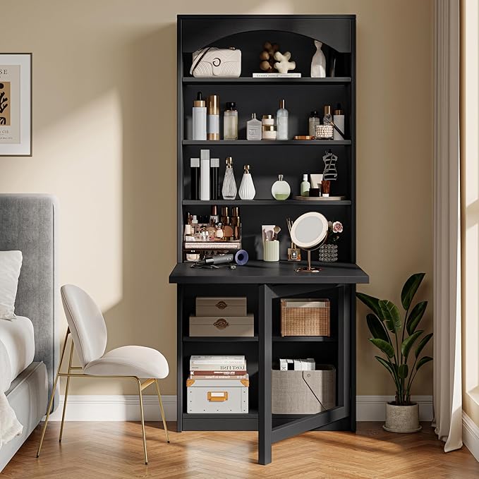 6-Tier Bookshelf with Folding Table, 72.8” Tall Open Storage Bookcase, Large Storage Capacity, Modern Display Shelf for Home Office, Living Room, Bedroom, Black