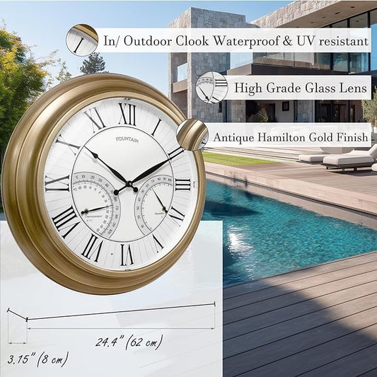 24 Inch in/Outdoor Wall Clock with Temperature and Humidity Combo, Large Outdoor Clock for Patio Large Waterproof with Thermometer,Antique Hamilton Gold Metal