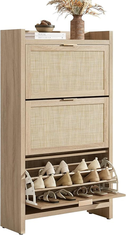 SICOTAS Rattan Shoe Storage Cabinet with 3 Flip Drawers, 30 Pairs Freestanding Shoe Cabinet Storage for Entryway, 57.4" Tall Farmhouse Narrow Shoe Organizer Rack Cabinet for Foyer, Hallway, Light Oak