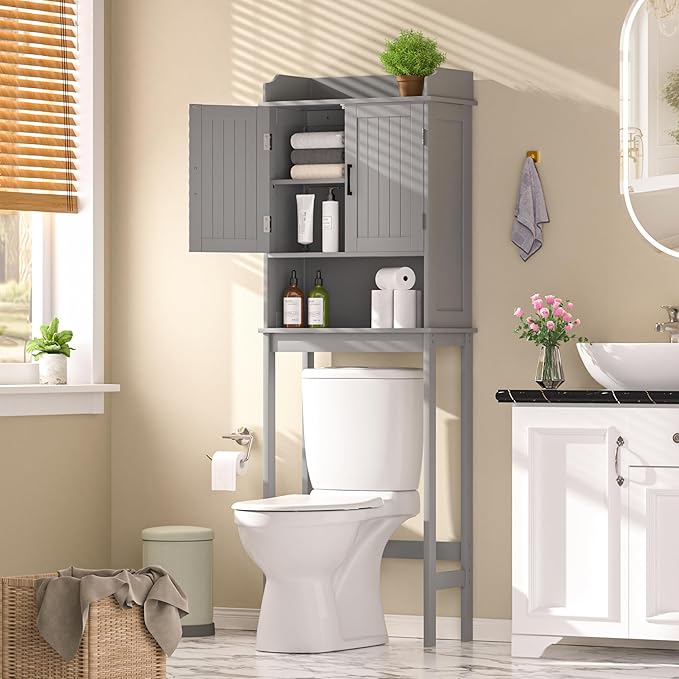 VEIKOU Over The Toilet Rack for Bathroom, Freestanding Over The Toilet Storage, Bathroom Cabinet Over Toilet w/Adjustable Shelf & Storage Rack, Grey