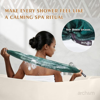 ARCH&M Authentic African Net Sponge Afro Scrub | 53" Long Exfoliating Back Scrubber, Quick-Dry Shower Loofah, For Women and Men Daily Use, Gentle on Sensitive Skin