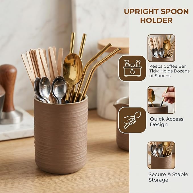 Ceramic Spoon Holder for Coffee Bar, Upright Tea Spoon Holder Cup, Coffee Stirrers Straws Stir Stick Holder, Glossy Silk Stripe