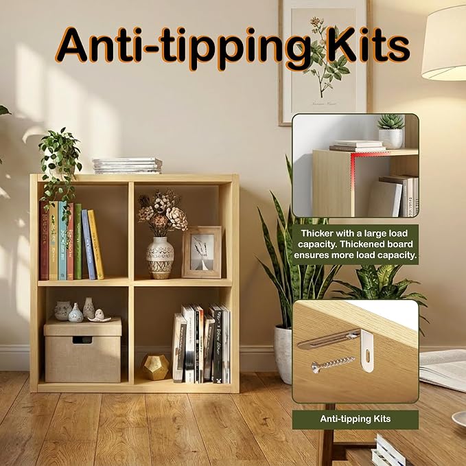 WannabeMyself【2026 Wooden Thick Frame】 4 Cube Storage Organizer with Anti-Tipping Kits, Reversible Open Back Book Shelf,Bookcase for Living Room,Bedroom,Entrance Hall,Office,11.6×24.6×24.7,Oak Color