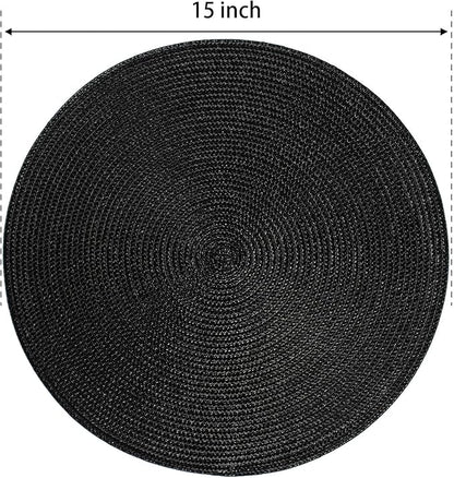 FunWheat Round Braided Placemats Set of 6 Place Mats for Dining Table Woven Washable Non-Slip Table Mats 15 Inch (Black, 6pcs)