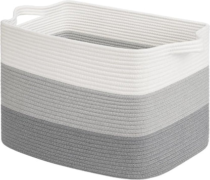 Goodpick Large Woven Basket, Rectangle Rope Storage Baskets for Organizing, Blanket Basket with Handles for Living Room, Nursery, Gradient Gray, 18 x 14 x 12 Inches