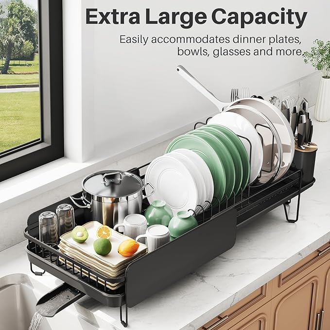 SNTD Large Dish Drying Rack - Expandable (19.3" to 29.4") Dish Rack for Kitchen Counter, Stainless Steel Dish Drainer with Utensil Holder, Pan Holder & Pot Lid Holder (Black)