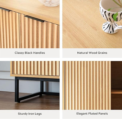 Fluted Storage Cabinet Sideboard Buffet Cabinet, Modern Accent Cabinets with Adjustable Shelves, Wooden Credenza, Console Table Entryway Cabinets for Living Dining Room, Natural Oak